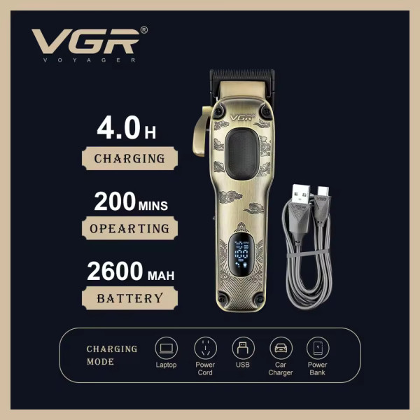 Аккумуляторная машинка для стрижки (clipper) VGR V-027, 8 насадок, 7000 RPM, 2600 mAh, LED display
