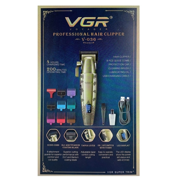 Аккумуляторная машинка для стрижки (clipper) VGR V-036, 8 насадок, LED display