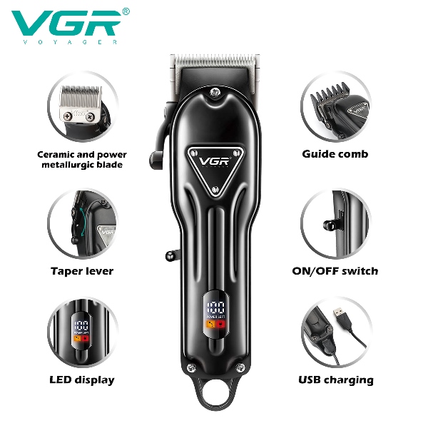 Аккумуляторная машинка для стрижки (clipper) VGR V-051, 4 насадки, 2500 mAh, LED display