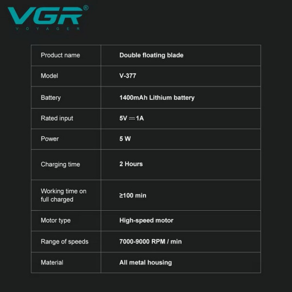 Электробритва VGR V-377 BLUE шейвер, двойное лезвие, регулировка мощности 7000-9000 RPM, LED display