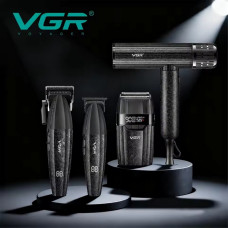 Комплект VGR 4 в 1 V-640 S4 BLACK, машинка для стрижки (clipper), триммер, электробритва (шейвер), фен