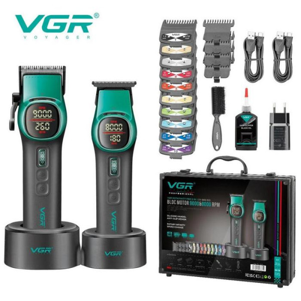Комплект VGR 2 в 1 V-885 S2 GREEN, аккумуляторная машинка для стрижки (clipper) и триммер