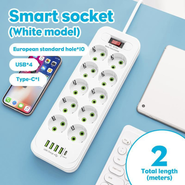 Мережевий подовжувач, фільтр, розгалужувач (D10) 5м, LED, 10-220V, 4-USB, 1-PD Type-C