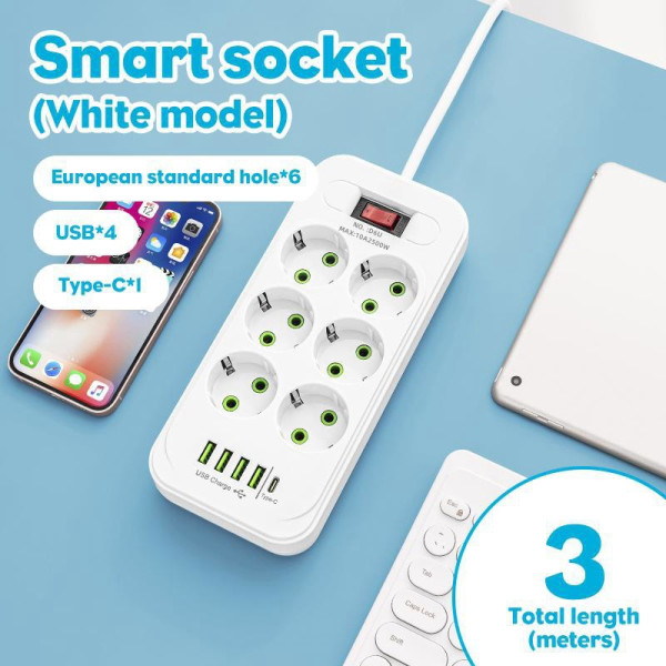 Сетевой удлинитель/фильтр/резветлитель (D6) (3м, LED, 6-220V, 4-USB, 1-PD (Type-C)