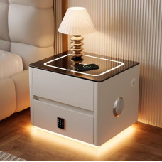 Тумбочка QYJXF02 Белая USB, Датчик движения, Трехцветная подсветка, Беспроводная зарядка, Кодовый замок, Bluetooth аудио, Экокожа Ш47/Г39/В48