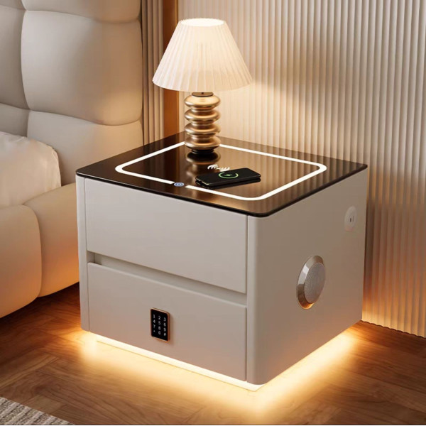 Тумбочка QYJXF02 Белая USB, Датчик движения, Трехцветная подсветка, Беспроводная зарядка, Кодовый замок, Bluetooth аудио, Экокожа Ш47/Г39/В48