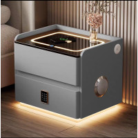 Тумбочка YJXF01 Серая, USB, Датчик движения. Трехцветная подсветка. беспроводная зарядка, Bluetooth аудио, Кодовый замок, Экокожа Ш50/Г40/В47