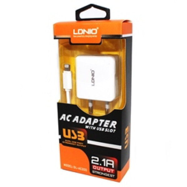 Мережний зарядний пристрій LDNIO 2USB 2.1A Lightning Колір Білий