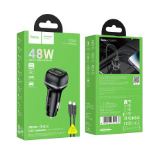 Авто Зарядное Устройство Hoco Z58A 1USB/1USB-C QC/PD48W+Type-C to Lightning Черный