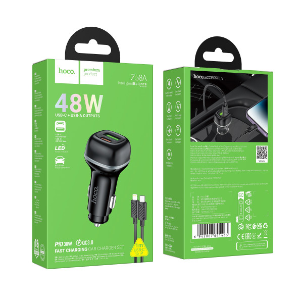 Авто Зарядное Устройство Hoco Z58A 1USB-A QC18W/1USB-C PD30W Total 48W+Type-C to Lightning Черный