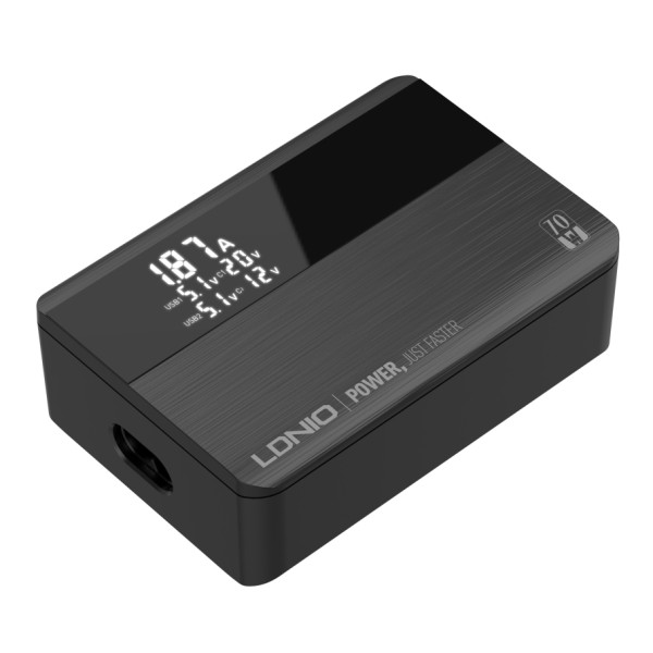 Мережний зарядний пристрій LDNIO A4808Q 2USB/2USB-C GAN PD70W LED Display 1.5m Чорний