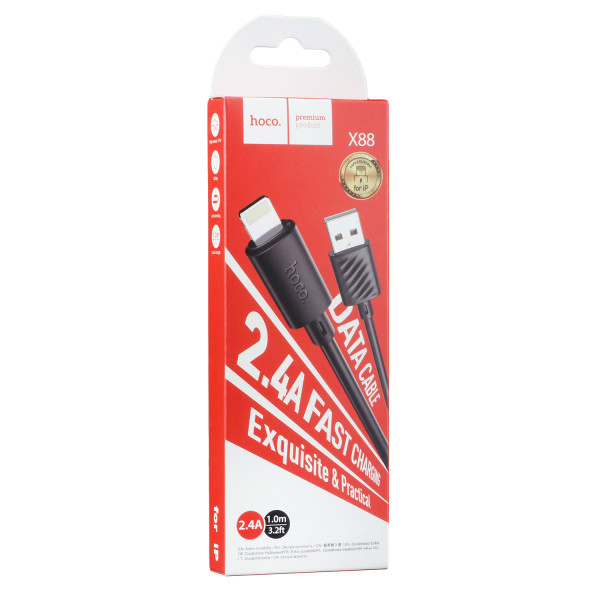 Кабель USB Hoco X88 Gratified Lightning 2.4A 1m Чорний