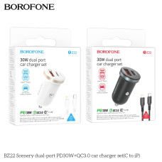 Авто Зарядное Устройство Borofone BZ22 1USB/1USB-C QC/PD30W+Type-C to Lightning Белый