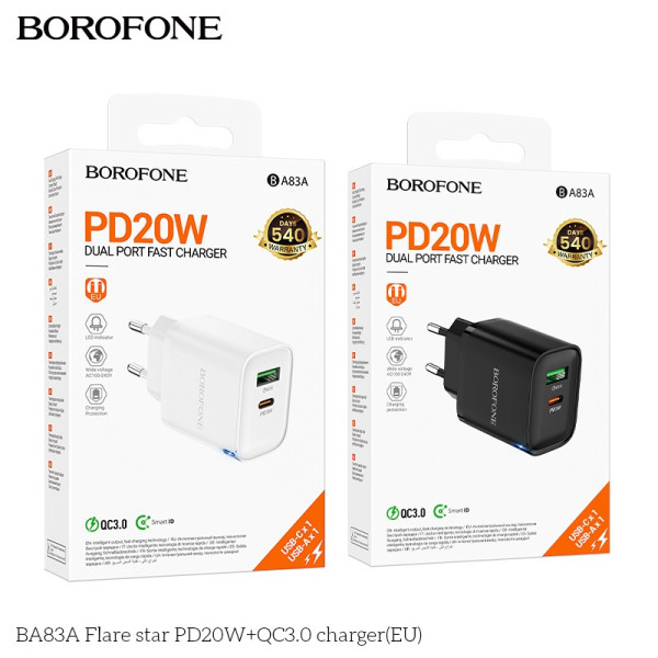 Мережевий Зарядний Пристрій Borofone BA83A 1USB-C/1USB PD/QC 20W Чорний