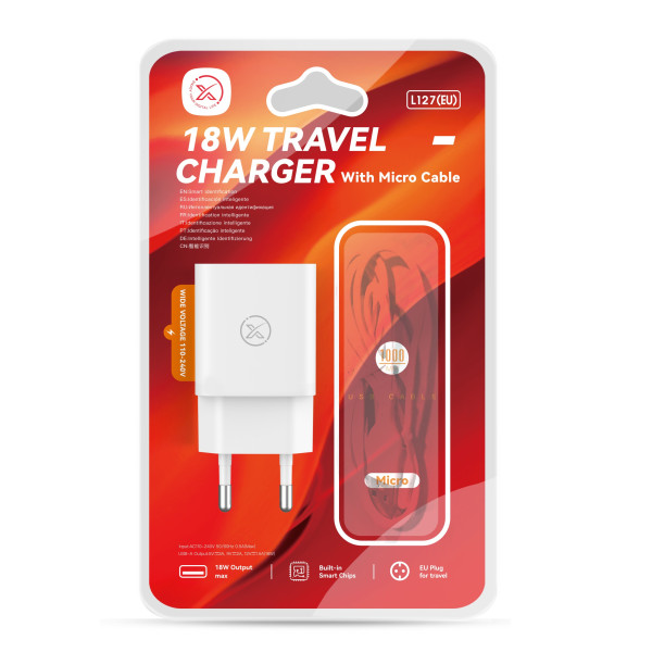 Сетевое Зарядное Устройство XO L127 1USB QC 18W+USB to Micro New Logo Белый
