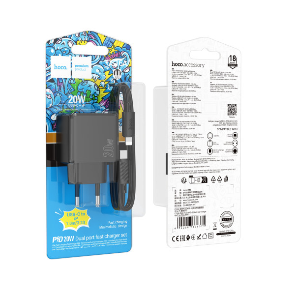Мережевий Зарядний Пристрій Hoco CS16A 1USB-C/1IP PD/QC 20W+Type-C to Lightning Чорний