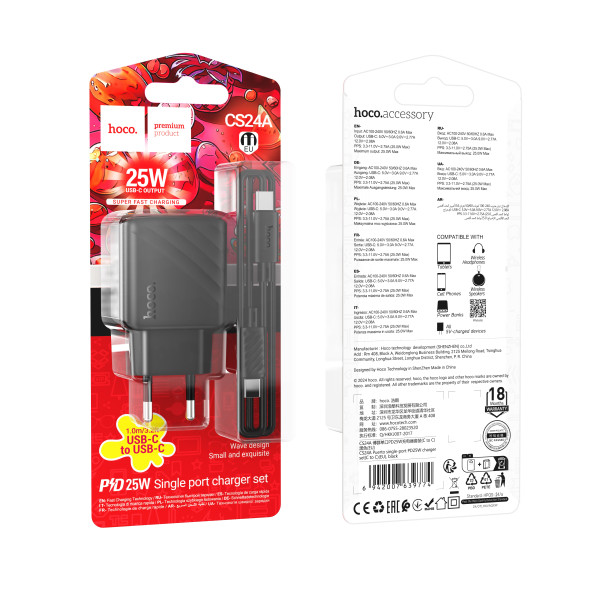 Сетевое Зарядное Устройство Hoco CS24A 1USB-C PD/QC 25W+Type-C to Type-C Черный