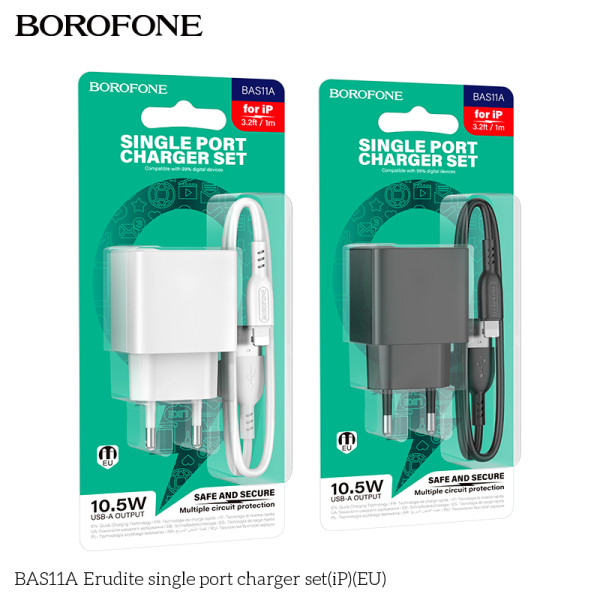 Сетевое Зарядное Устройство Borofone BAS11A 1USB 2.1A+USB to Lightning Черный