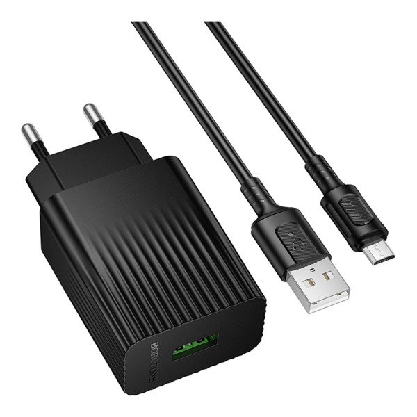 Мережевий Зарядний Пристрій Borofone BAS72A 1USB QC 18W+USB to Micro Чорний