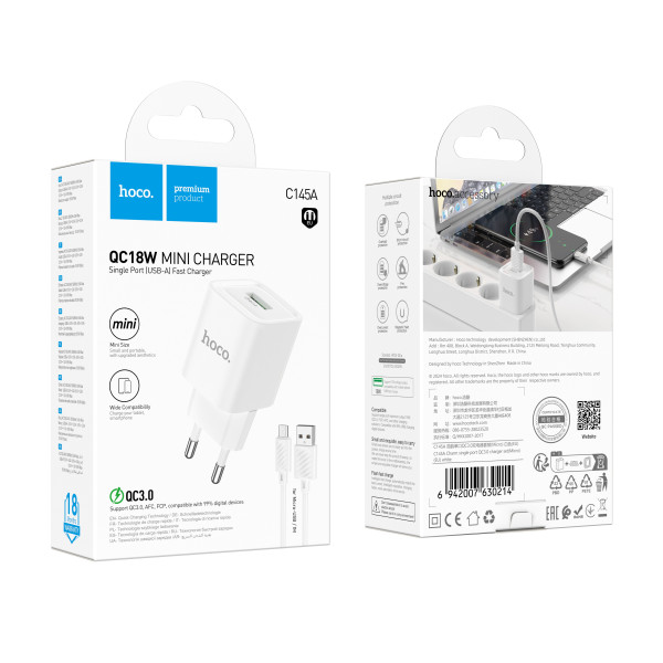 Мережевий Зарядний Пристрій Hoco C145A 1USB QC 18W+USB to Micro Бiлий