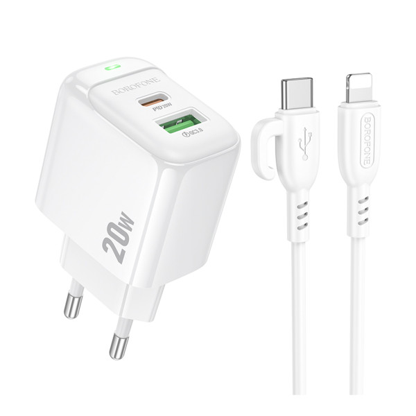Мережевий Зарядний Пристрій Borofone BAS44A 1USB-C/1USB PD/QC 20W+Type-C to Lightning Бiлий