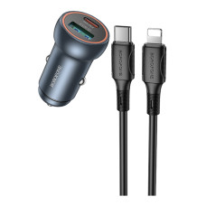 Авто Зарядное Устройство Borofone BZ32A 1USB/1USB-C QC/PD30W+Type-C to Lightning Серый