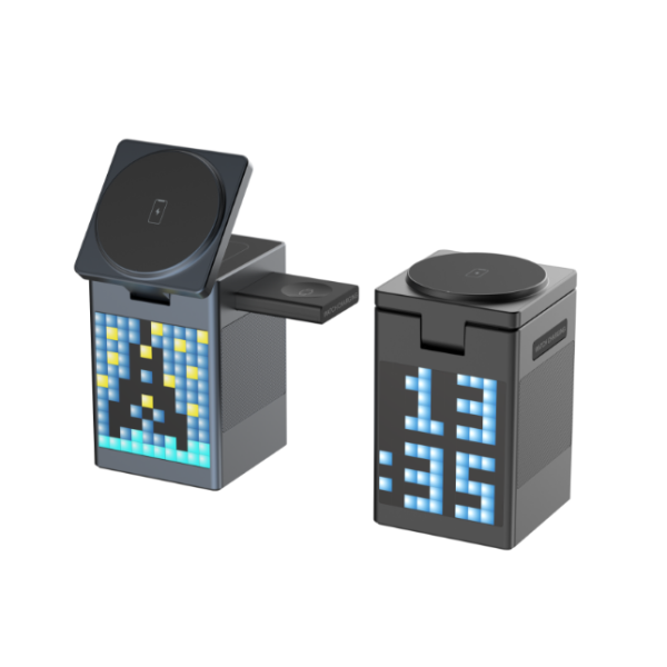 Бездротовий Зарядний Пристрій 5in1 15W(Pixel Display/Clock/BT Speaker 5W)IPVersion М'ята упаковка Чорний