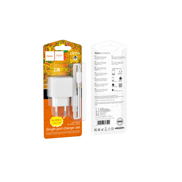 Мережевий Зарядний Пристрій Hoco CS11A 1USB 2.1A+USB to Type-C Білий