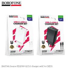 Сетевое Зарядное Устройство Borofone BAS74A 1USB-C/1USB PD/QC 20W+Type-C to Type-C Белый