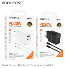 Сетевое Зарядное Устройство Borofone BA83A 1USB-C/1USB PD/QC 20W+Type-C to Lightning Белый