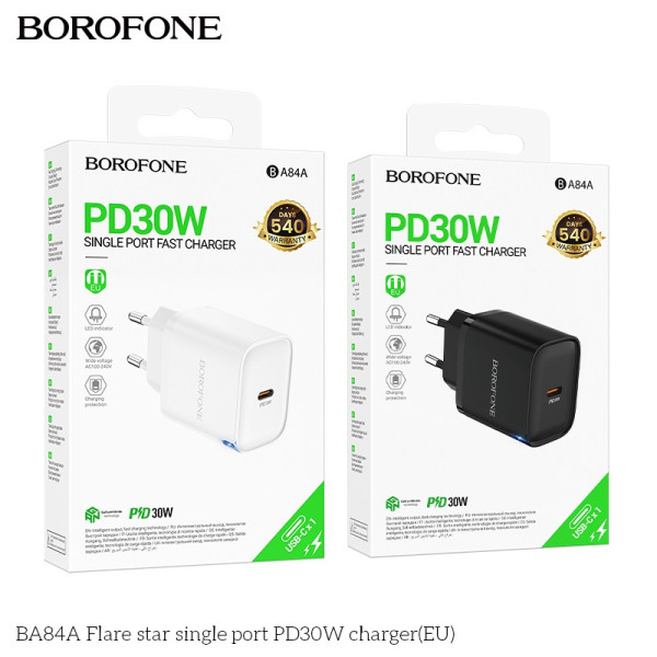 Мережевий Зарядний Пристрій Borofone BA84A 1USB-C PD/QC 30W Бiлий