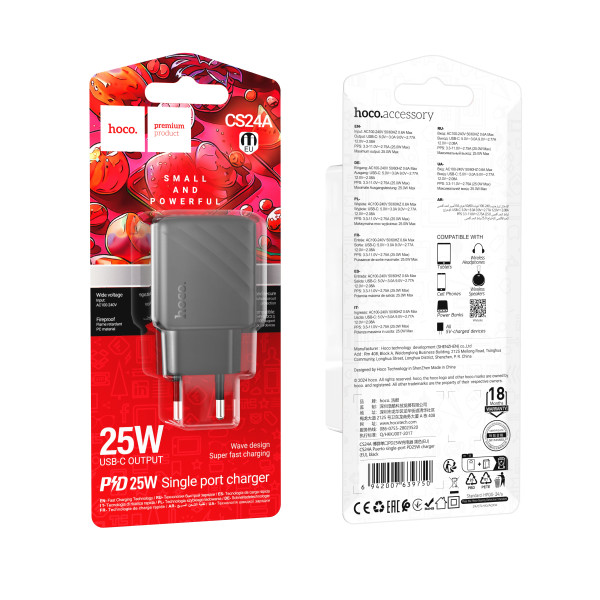 Сетевое Зарядное Устройство Hoco CS24A 1USB-C PD/QC 25W Черный