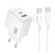 Сетевое Зарядное Устройство Borofone BAS45A 1USB-C/1USB PD/QC 30W+Type-C to Lightning Белый