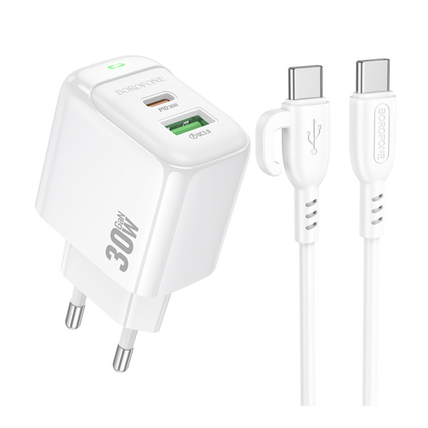 Мережевий Зарядний Пристрій Borofone BAS45A 1USB-C/1USB PD/QC 30W+Type-C to Lightning Бiлий