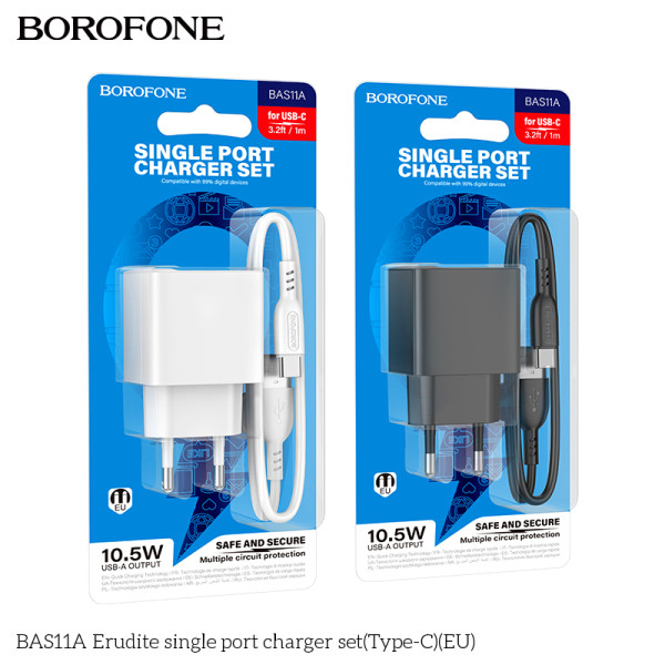 Сетевое Зарядное Устройство Borofone BAS11A 1USB 2.1A+USB to Type-C Черный