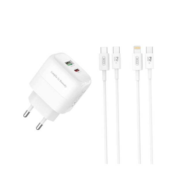 Мережевий Зарядний Пристрій XO L137 1USB-C/1USB PD/QC 20W+Type-C to Lightning Білий