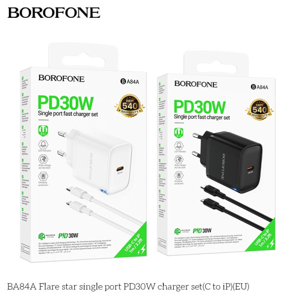 Мережевий Зарядний Пристрій Borofone BA84A 1USB-C PD/QC 30W+Type-C to Lightning Бiлий