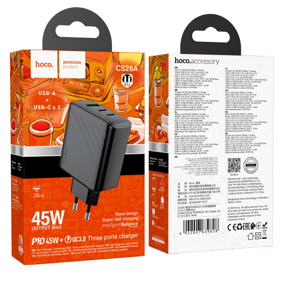 Сетевое Зарядное Устройство Hoco CS26A 2USB-C/1USB PD/QC 45W Черный