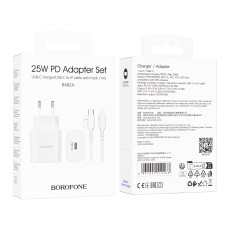 Сетевое Зарядное Устройство Borofone BA82A 1USB-C PD/QC 25W+Type-C to Lightning Белый