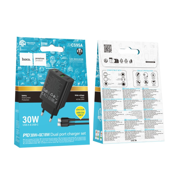 Сетевое Зарядное Устройство Hoco CS95A 1USB/1USB-C QC/PD 30W+Type-C to Type-C Черный