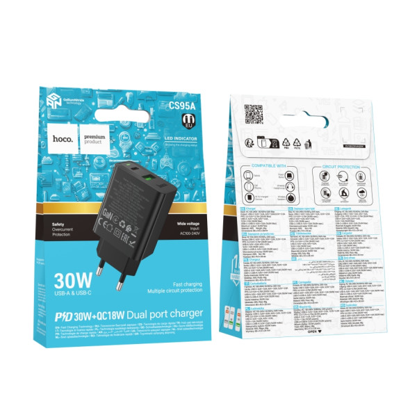 Сетевое Зарядное Устройство Hoco CS95A 1USB/1USB-C QC/PD 30W Черный