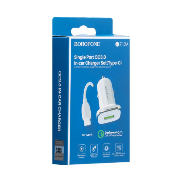 Авто Зарядное Устройство Borofone BZ12A QC 3.0 Type-C Белый