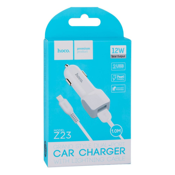Авто Зарядное Устройство Hoco Z23 2USB Lightning Белый