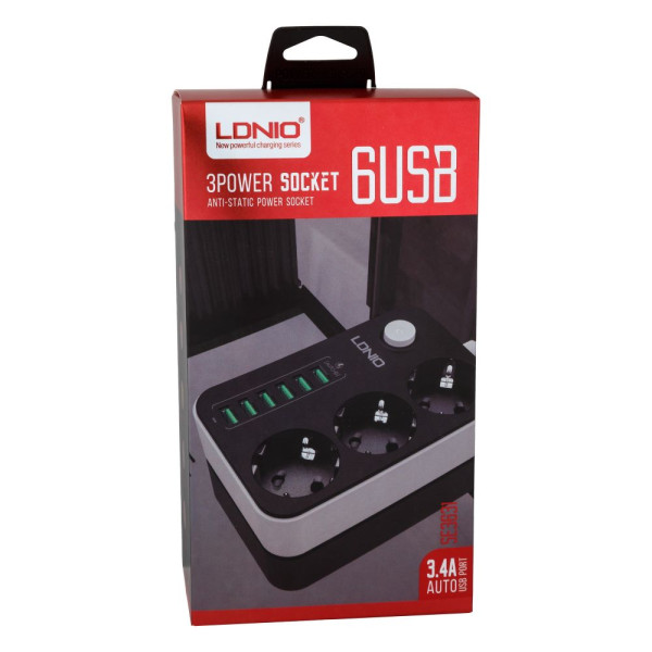 Мережевий Подовжувач LDNIO SE3631 6USB 3.4A / 3 Socket Чорний