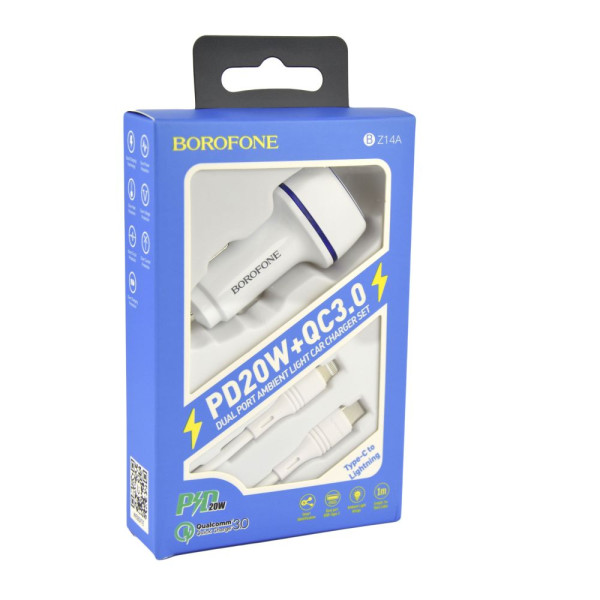 Авто Зарядное Устройство Borofone BZ14A PD20W+QC3.0 Type-C to Lightning 3A Белый