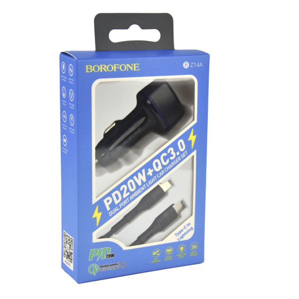 Авто Зарядное Устройство Borofone BZ14A PD20W+QC3.0 Type-C to Lightning 3A Белый