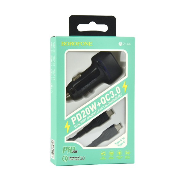 Авто Зарядное Устройство Borofone BZ14A PD20W+QC3.0 Type-C to Type-C 3A Черный
