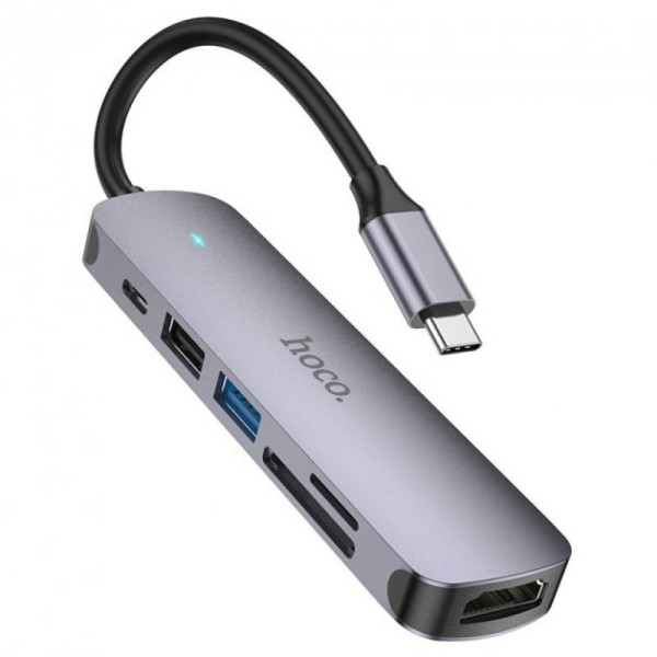 Хаб USB Hoco HB28 Type-C multi-function converter(HDTV+USB3.0+USB2.0+SD+TF+PD) Сірий