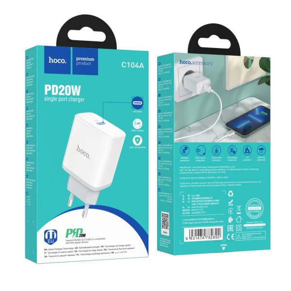 Сетевое Зарядное Устройство Hoco C104A Stage single port PD20W Белый