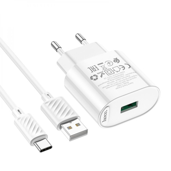 Сетевое Зарядное Устройство Hoco C109A 1USB QC 18W+USB to Type-C Белый